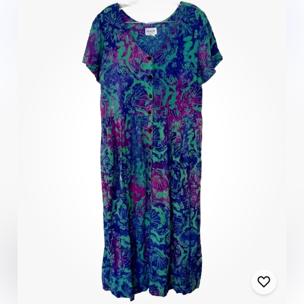 Pelican Cove Batik Dress M Tropical Fish Rayon Boho Hippie Side Pockets Sundress